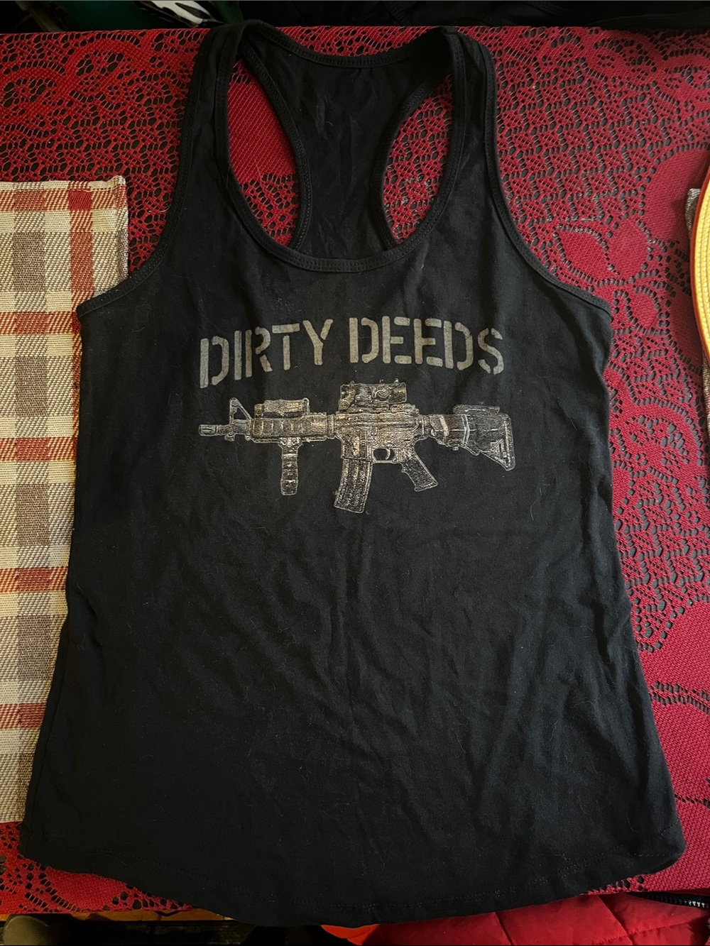 Rogue American, Black 'Dirty Deeds' Graphic Racerback Tank, Women’s Size Medium